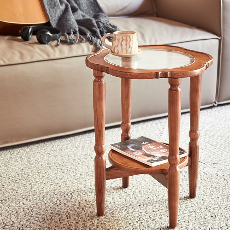 Solid Wood Accent Side Table Living Room Naturally Shaped Double Tier 4 Legs