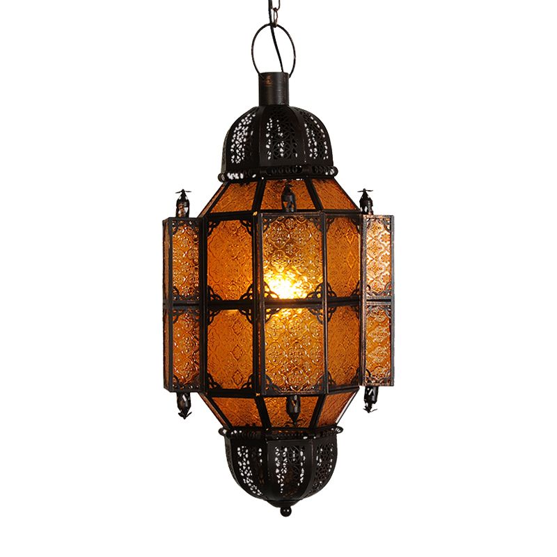 Black Lantern Pendant Vintage Metal 1-Bulb Restaurant Ceiling Light with Yellow Textured Glass Shade