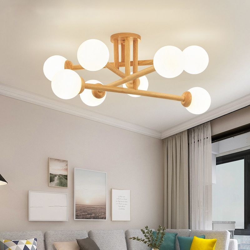 Wood Ball Shape Flush Ceiling Light Modern Multi Lights Flush Light Fixtures in Brown