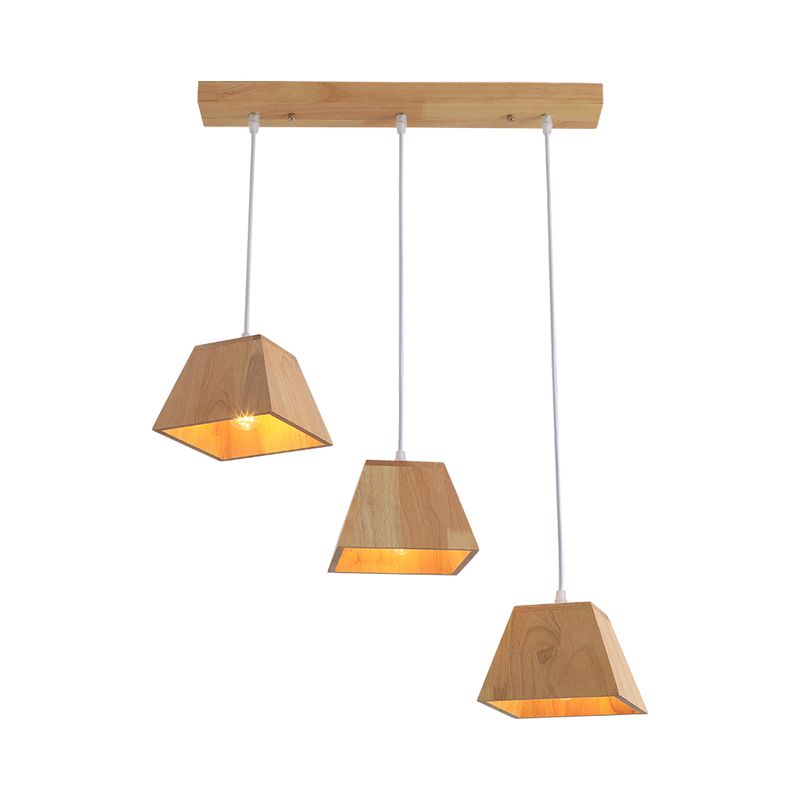 Wood Trapezoid Multi-Light Pendant Height Adjustable Nordic 3-Head Hanging Ceiling Light