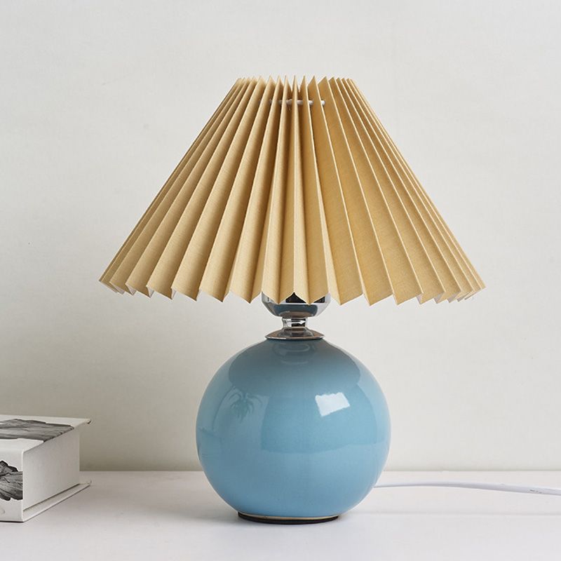 Globe Bedside Table Lamp Ceramic Modern Nightstand Lighting with Conical Pleated Shade