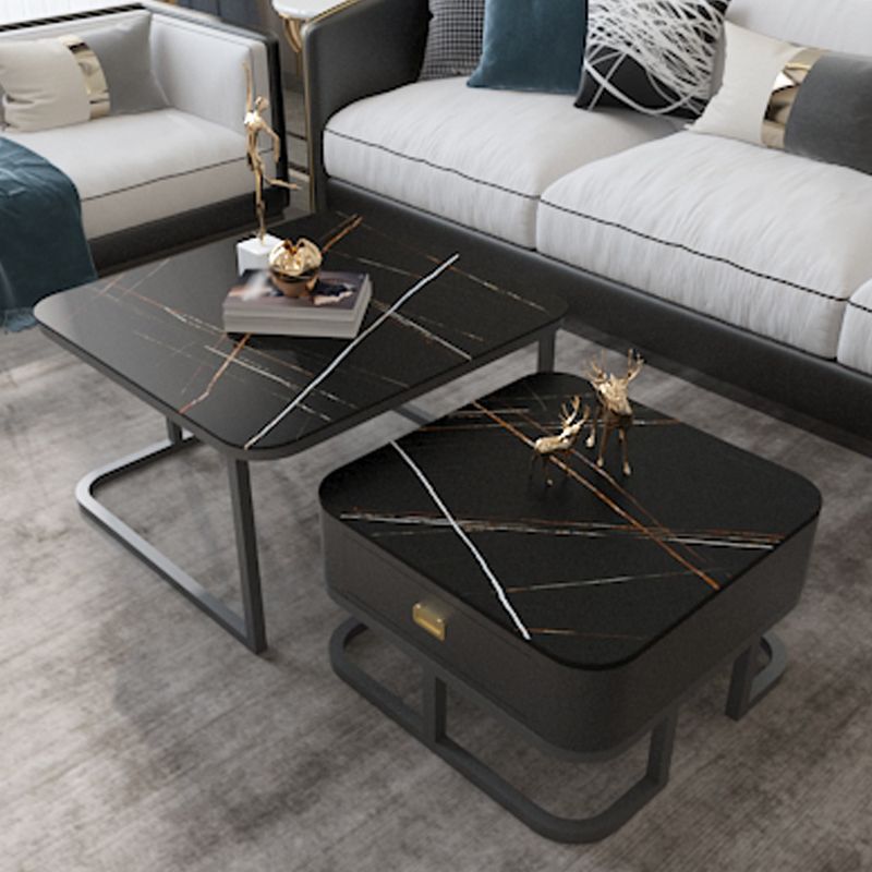 Round Slate/ Glass Coffee Table Frame 2 Nesting Cocktail Table with Storage