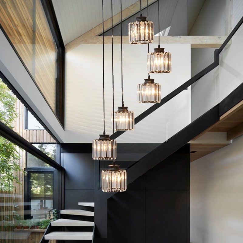 Spiral Cylinder Multi Ceiling Lamp Contemporary Prismatic Crystal Stairwell Suspension Light Fixture