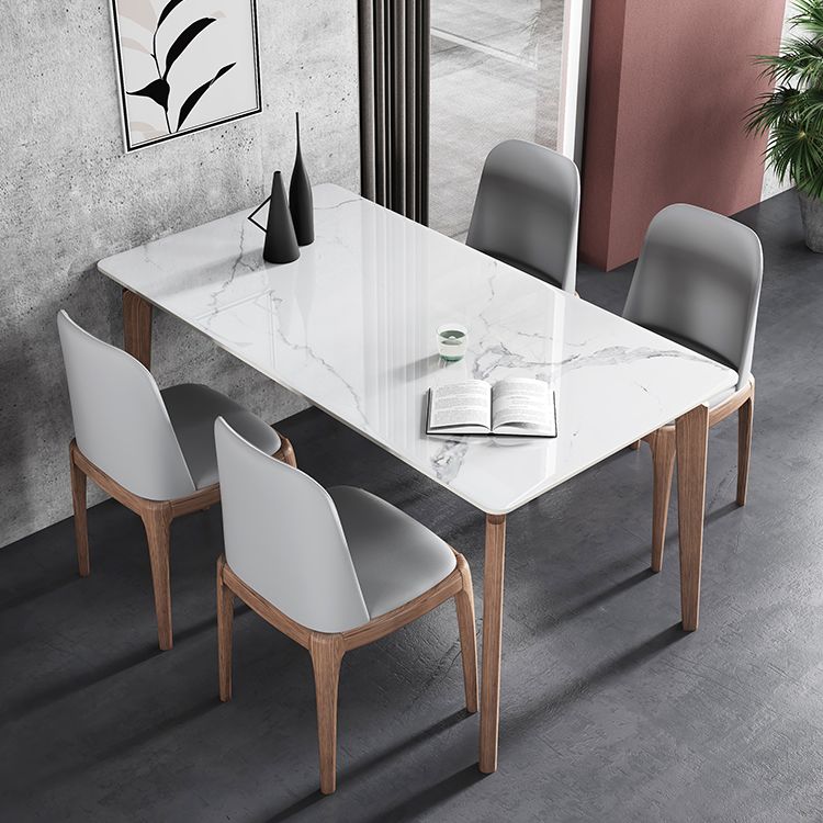 Rectangle Mid-Century Modern Dining Table Sintered Stone Table with 4 Solid Wood Legs