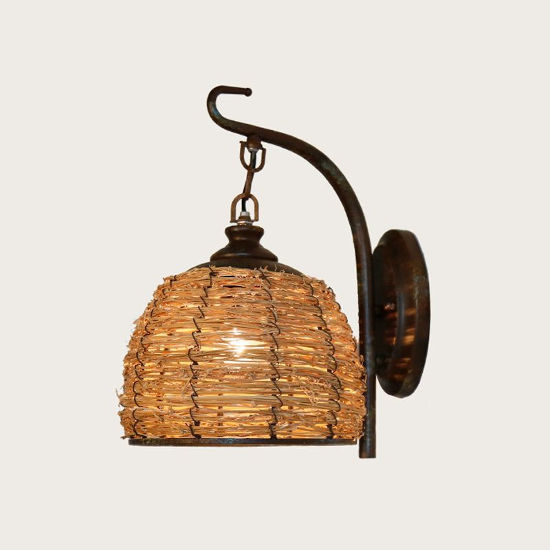 1 Bulb Domed Wall Lighting Japanese Rattan Sconce Light Fixture in Flaxen with Metal Curved Arm