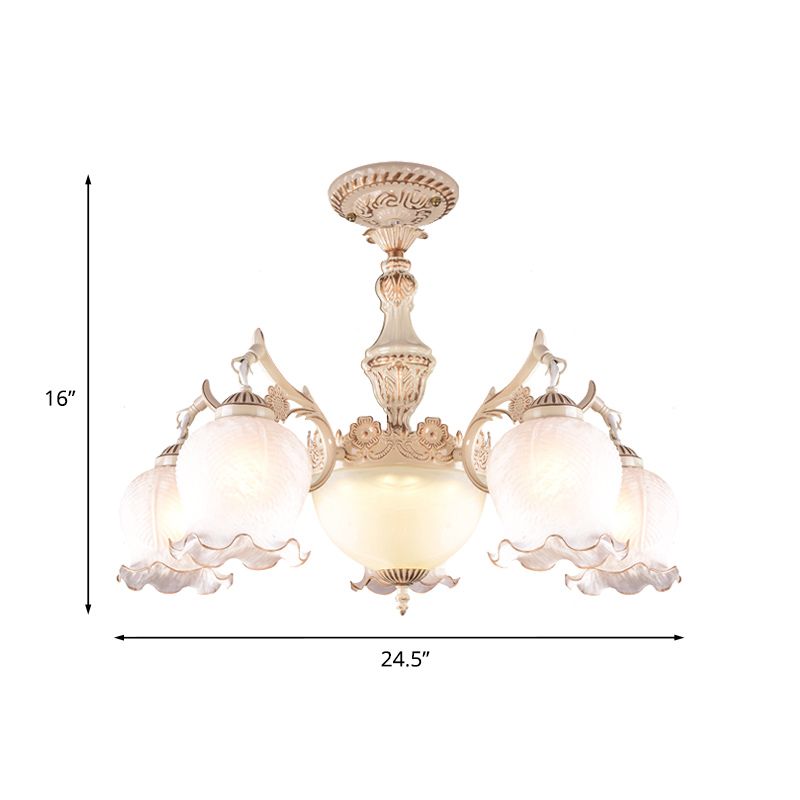 White Glass Floral Ceiling Light Rustic 7/9/11 Heads Living Room Semi Flush Mount Lighting