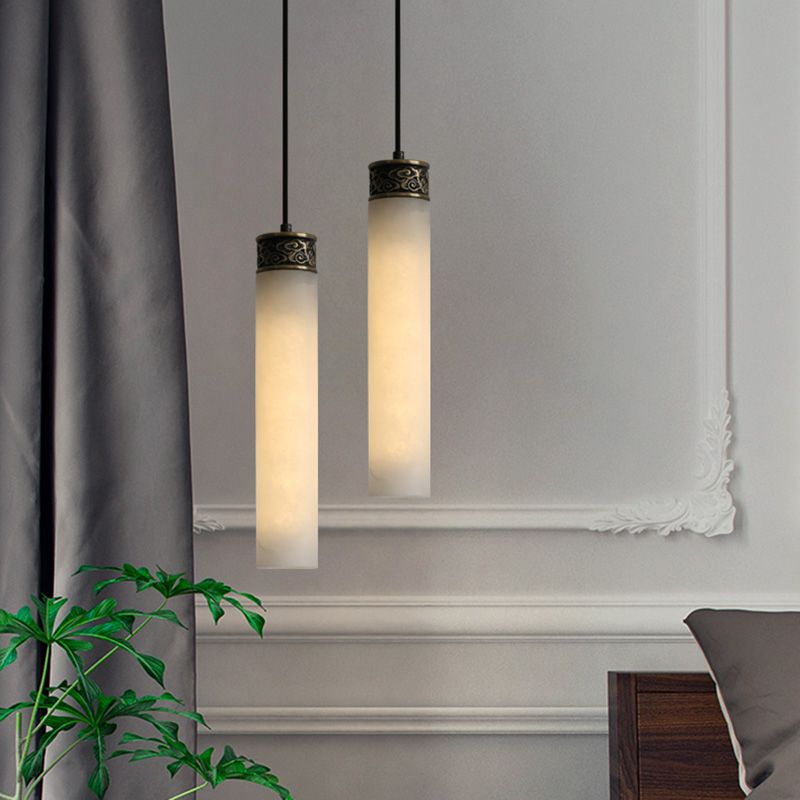Cylinder Hanging Light Fixture Modern 1-Light White Suspension Lamp with Stone Shade