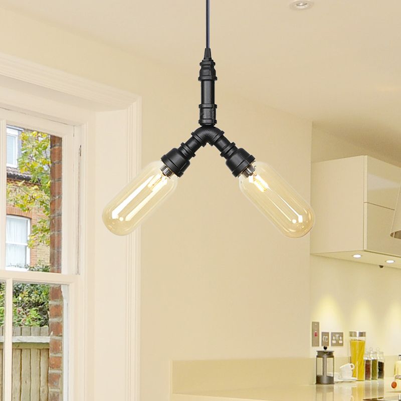 2/3/5 Heads Metal Hanging Light Kit Antiqued Black Finish Sputnik Pipe Bar Chandelier with Capsule Amber Glass Shade