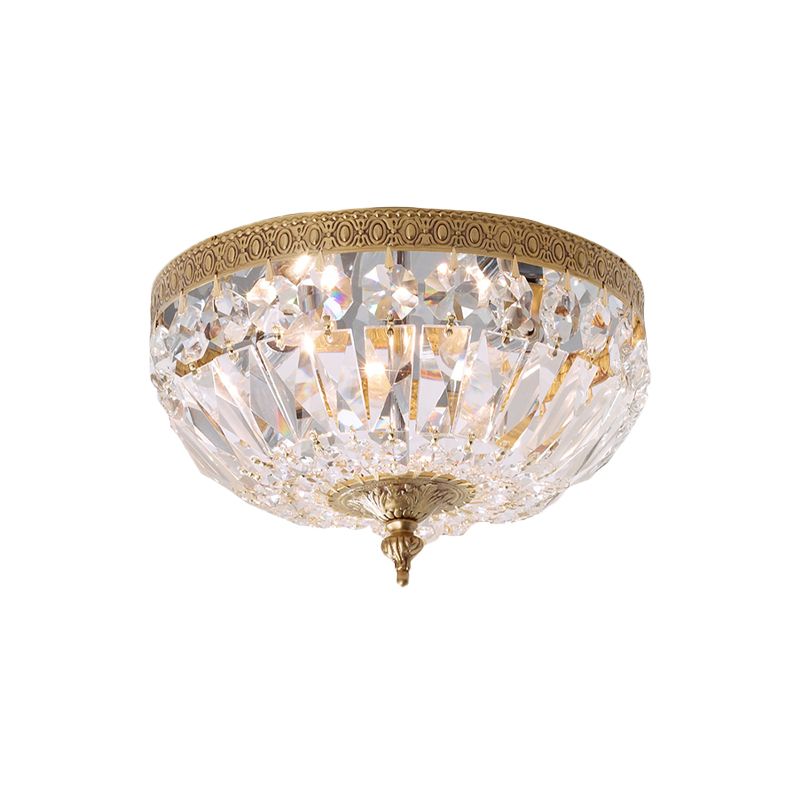 Post Modern Bowl-Shape Flush Lighting Beveled Crystal Strand 2 Bulbs Bedroom Ceiling Mounted Lamp in Brass