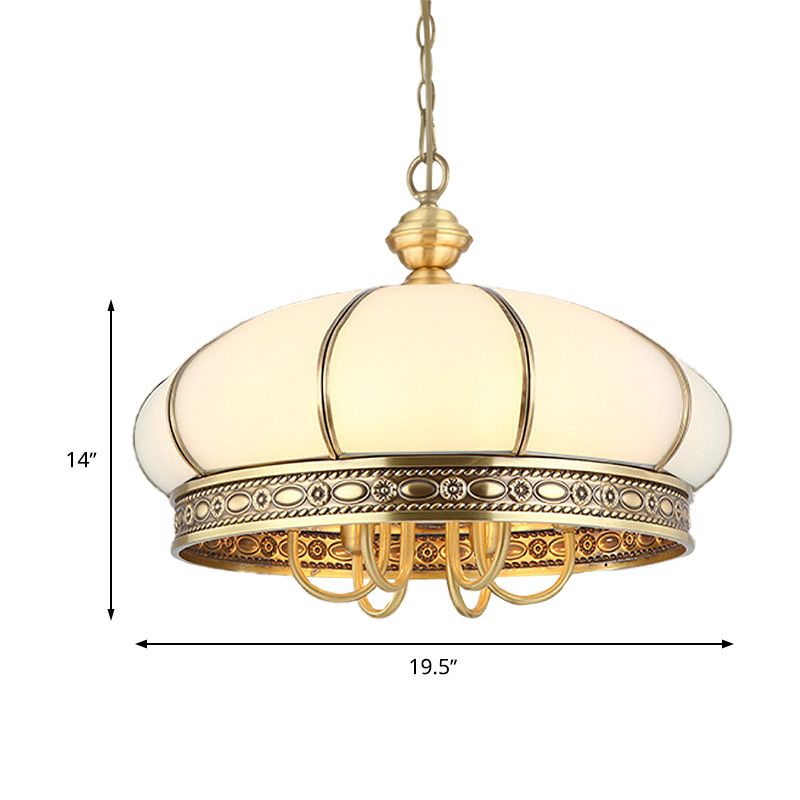 Pendentif colonial ovale suspension 6 têtes d'éclairage de lustre en verre blanc givré en or