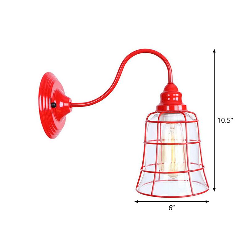 Red Gooseneck Wall Mounted Lamp Retro Metal 1 Bulb Bedside Wall Light Fixture with Ruffle/Cone Shade/Cage