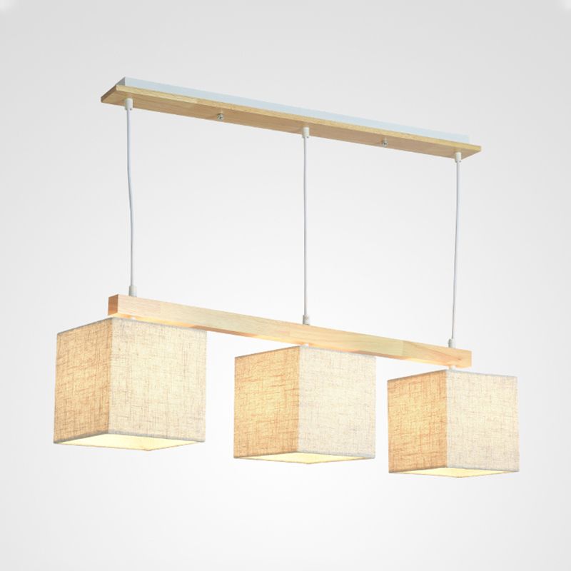 Simple Style 3 Heads Flaxen Square/Drum Island Pendant Light with Fabric Shade for Dining Room