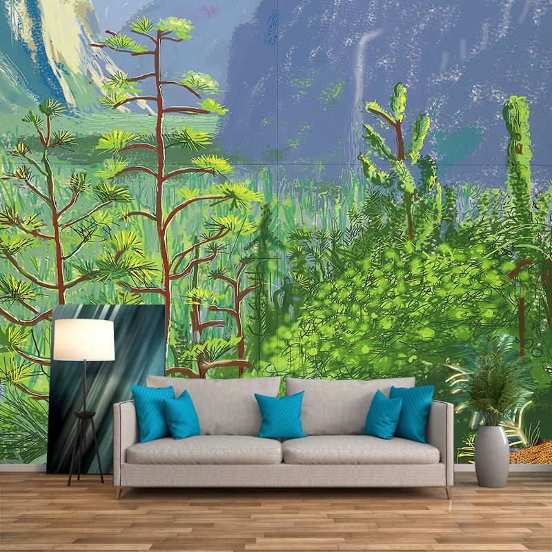 Art Deco Mountain Landscape Mural for Living Room Custom Wall Covering in Blue-Green