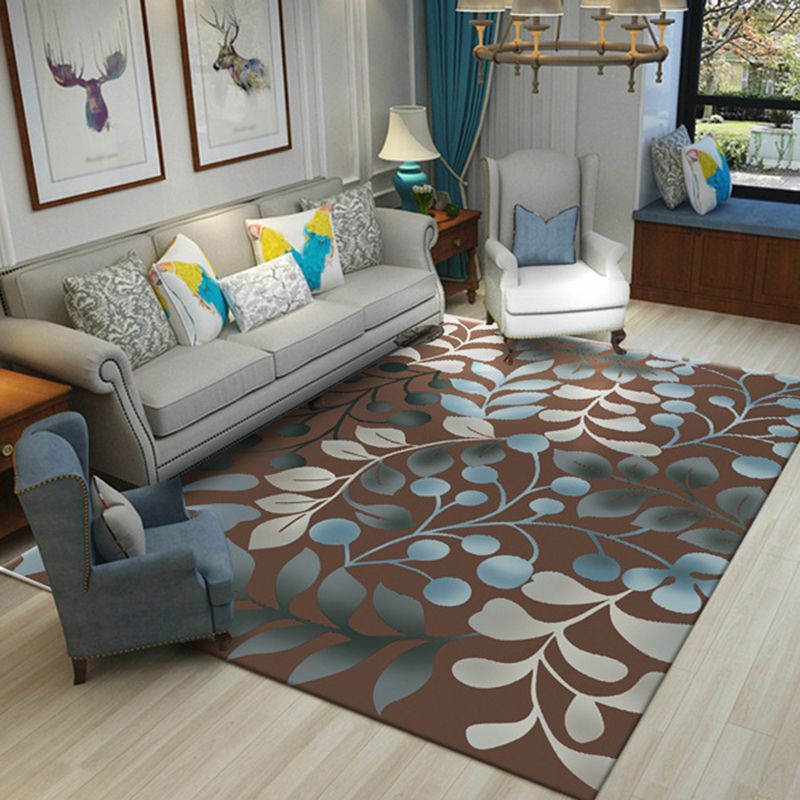 Trendy Modern Rug With Feather and Floral Print Creative Rectangle Carpet Polyester Anti-Slip Backing Rug for Living Room