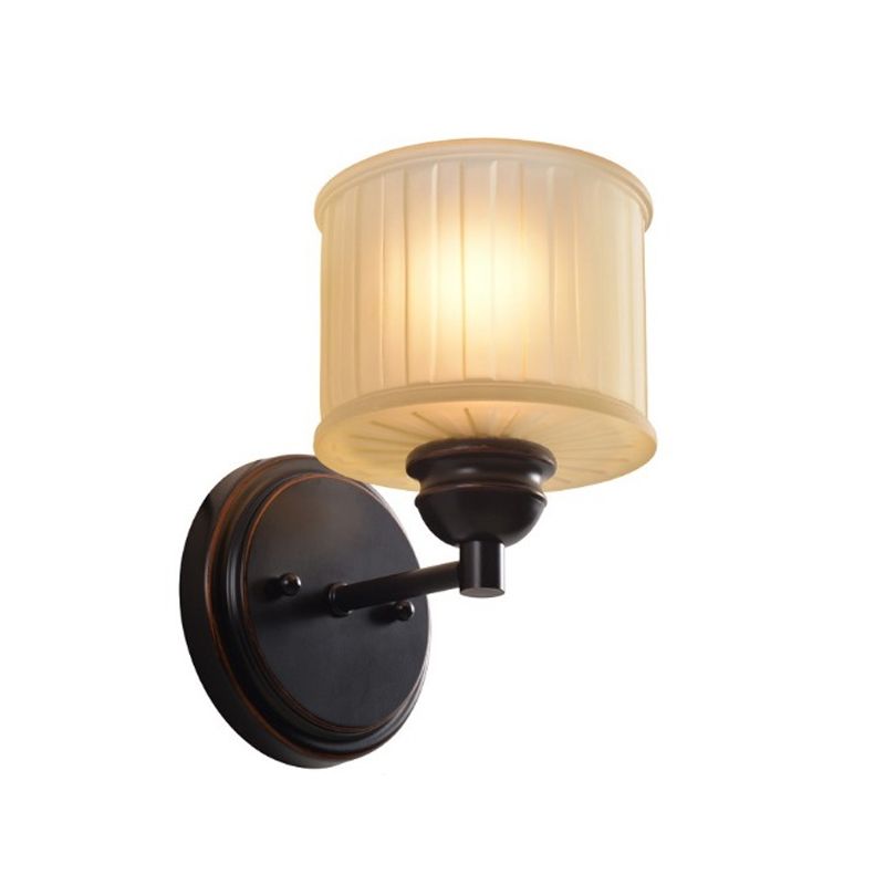 1 Bulb Small Drum Sconce Lighting Country Style Black Finish Tan Glass Wall Mounted Lamp