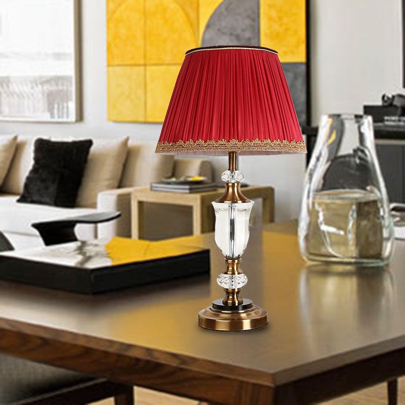 Red Single Head Night Table Light Countryside Crystal Tapered Nightstand Lamp for Bedroom