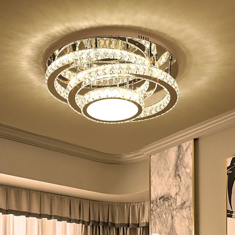 19.5"/23.5" Wide LED Ceiling Lamp Modern Ring Clear Rectangular-Cut Crystals Flush Light Fixture in Stainless-Steel