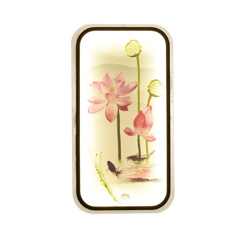 Chinese Lotus Pond Mural Light Fabric Sitting Room LED Wall Mounted Light Fixture in Black