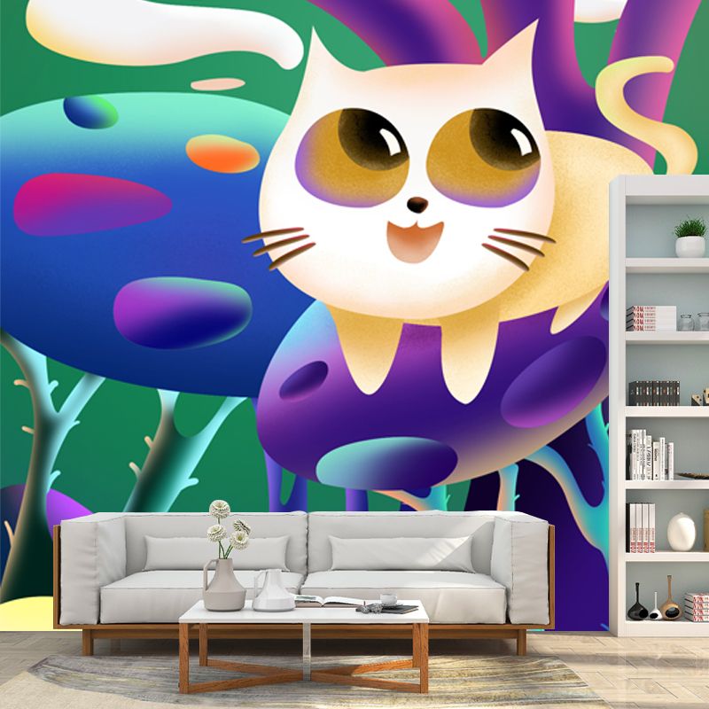 Kids Cat in Wilds Mural for Baby Room Custom Wall Art in Purple, Stain Resistant