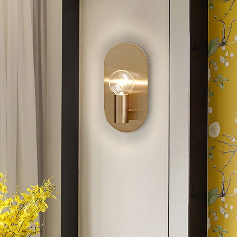 Exposed Bulb Design Sconce Light Postmodern Metal 1-Light Gold Finish Wall Light with Oval Backplate