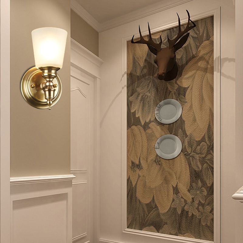 1-Head Sconce Light Fixture with Cone Shade White Glass Modernist Style Bedroom Wall Lamp in Gold
