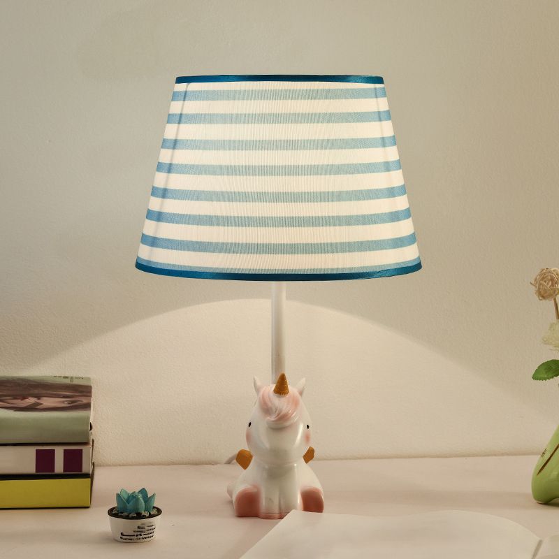 Pink Unicorn Table Lamp Cartoon 1 Head Resin Nightstand Light with Patterned Empire Shade