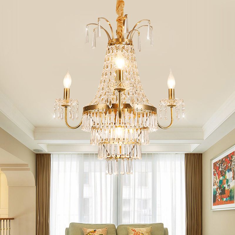 Empire Chandelier Light Fixture with Candle Luxury Crystal 4 Heads Chandelier Pendant Light in Brass Finish