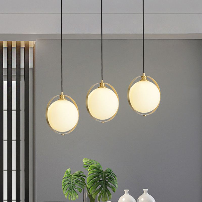 Global Suspended Pendant Light Simple White Frosted Glass 1 Bulb Bedside Hanging Ceiling Lamp with Brass Ring