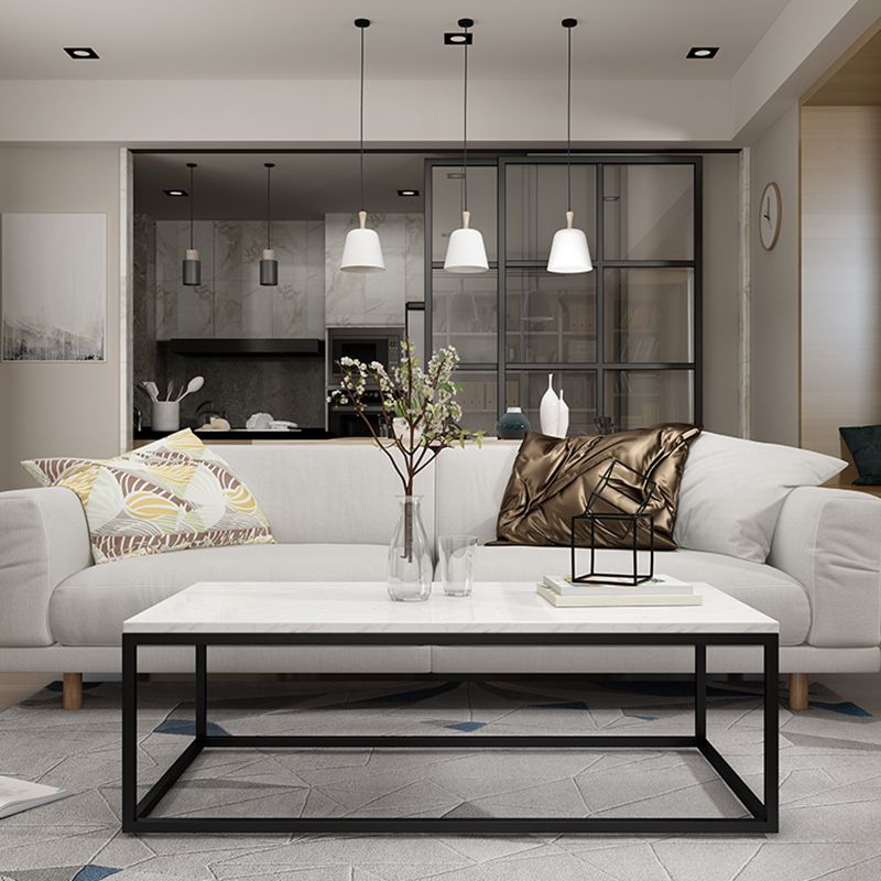 Glam Rectangle Coffee Table with White Marble Top and Iron Frame