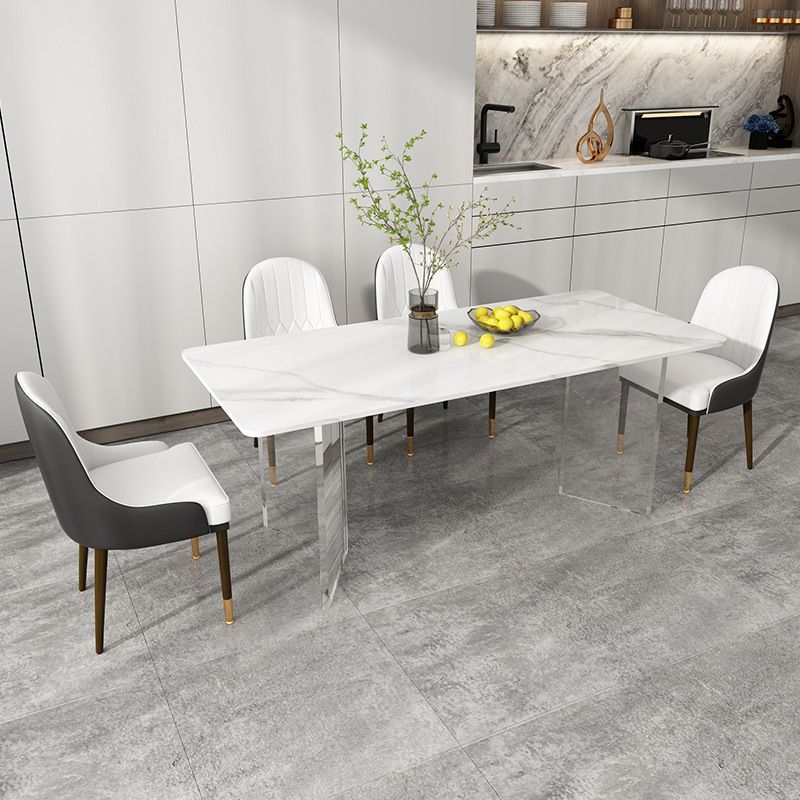 Eettafel met stenen blad Eigentijdse rechthoekige eettafel met dubbel voetstuk