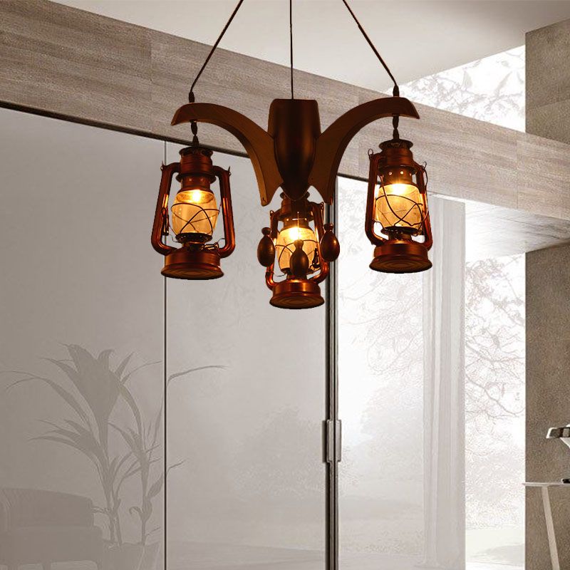 Industrial Kerosene Chandelier Lamp 3 Lights Clear Glass Hanging Ceiling Light in Dark Wood for Living Room