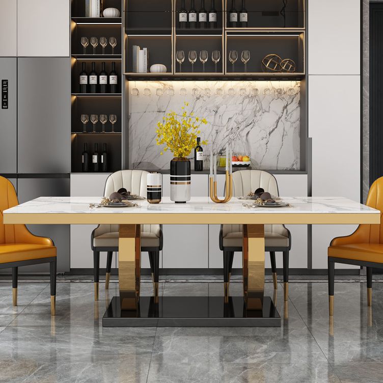 Traditional Luxury Marble Dining Table Rectangle Table with Gold Stainless Steel Pedestal