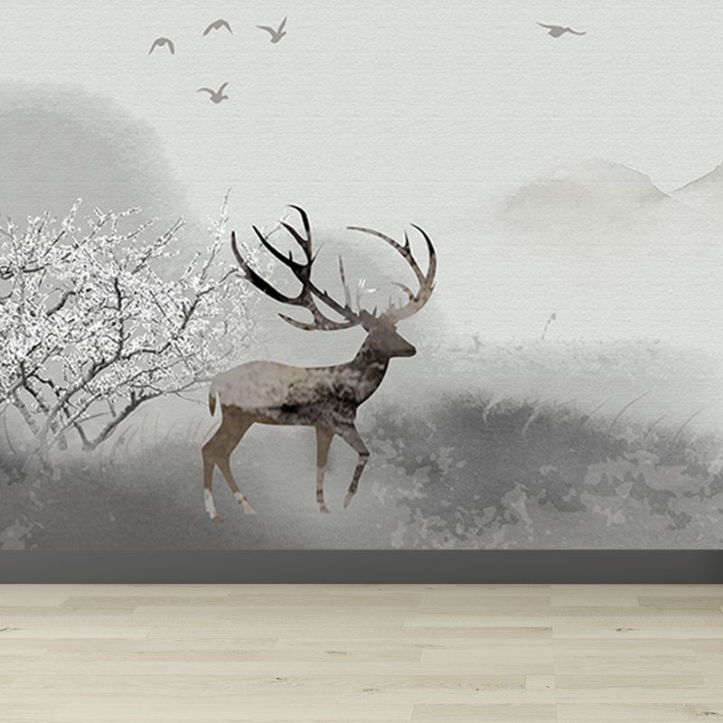 Peaceable Reindeer Mural Wallpaper Soft Color Modern Wall Covering for Living Room