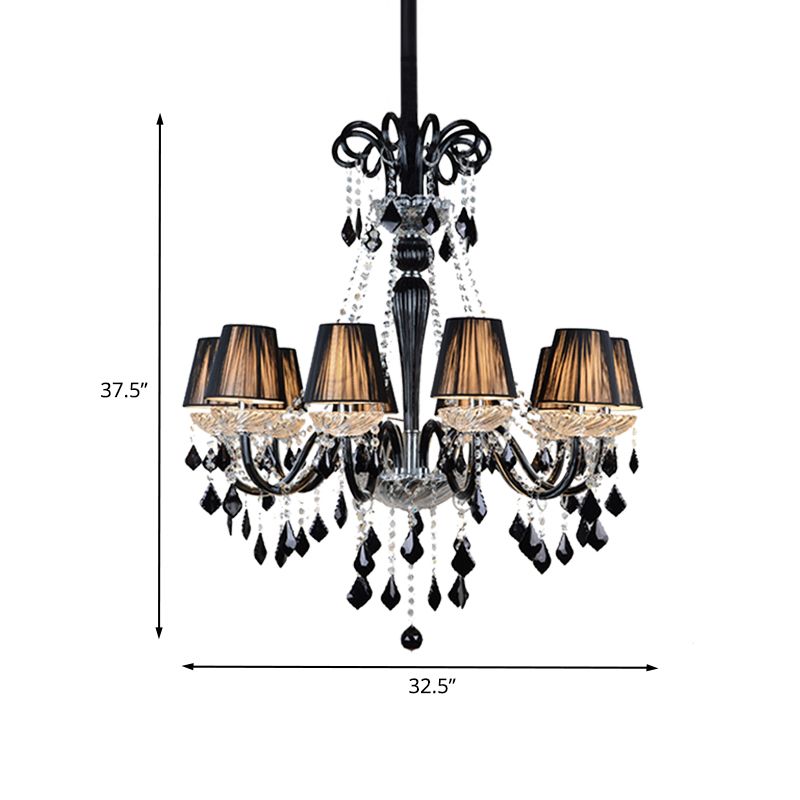 Lampe à lustre conique traditionnelle 10 bulbes de plafond tissu avec un cristal noir et un bras en verre transparent