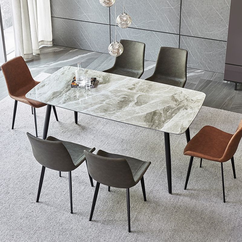Matte Finish Stone Rectangular Dining Table 4 Legs Furniture with Steel Base