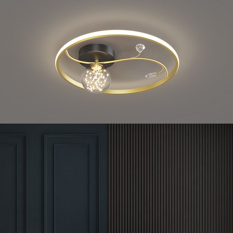 Luz de techo estrellado de metal LED de montaje en forma de anillo negro en forma de anillo con decoración de cristal