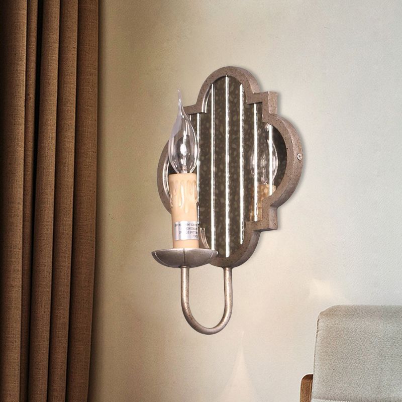 Candle Aged Silver Metal Wall Light Vintage 1 Light Corridor Sconce Light with Mirror Backplate