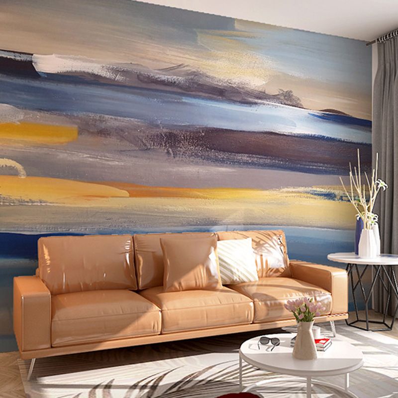 Murales con alba, cielo e mare in stile acquerello in oro e blu, decorazione murale astratta per la camera degli ospiti