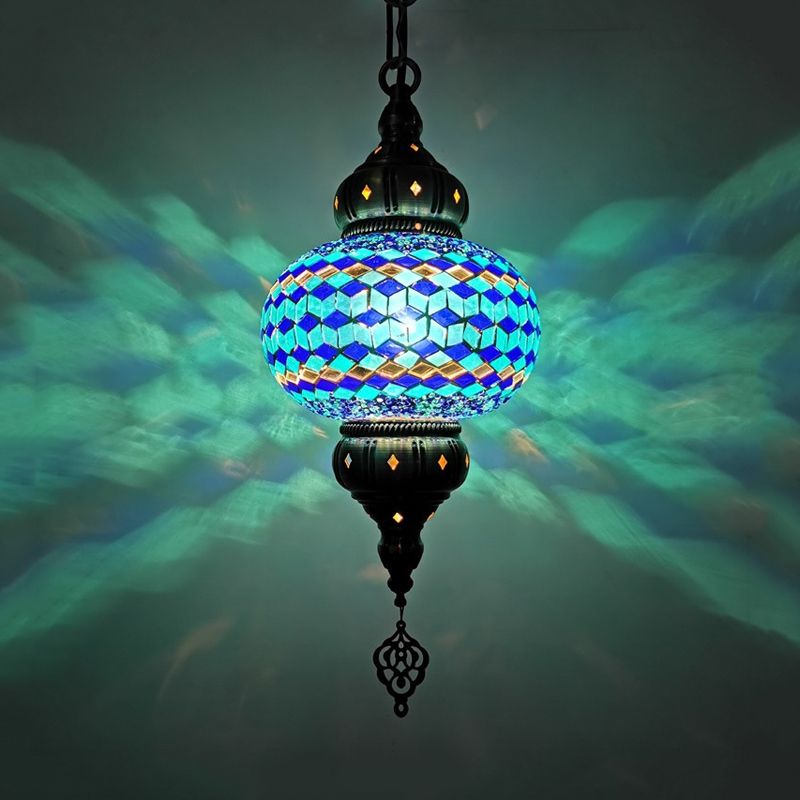1 Head Cut Glass Ceiling Pendant Light Traditional Beige/Yellow/Blue Oval Dining Room Hanging Light Fixture