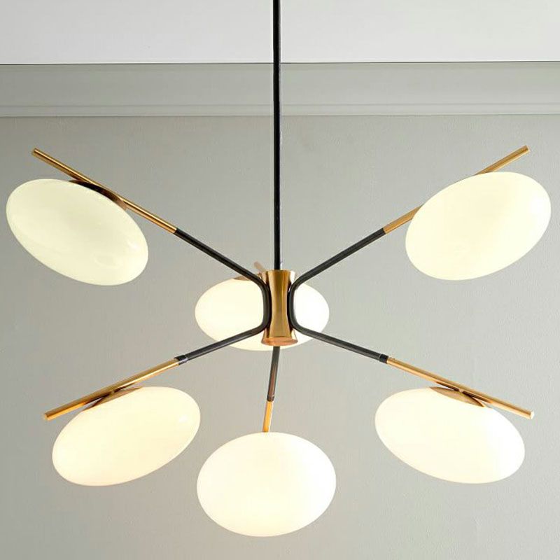 Minimalistic Chandelier Lamp Black-Brass Oval Ceiling Hang Light with Cream Glass Shade