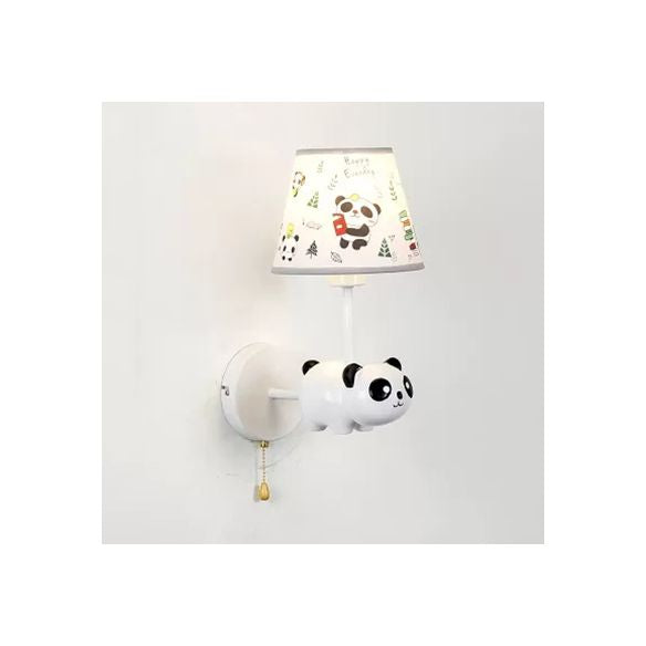 Kindergarten Panda Sconce Light with Fabric Shade Resin 1 Head Animal White Wall Lamp