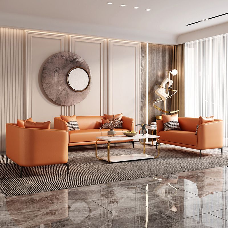 Modern Style Fabric Settee with Four Legs Apartment Sofa with Bolster Pillows