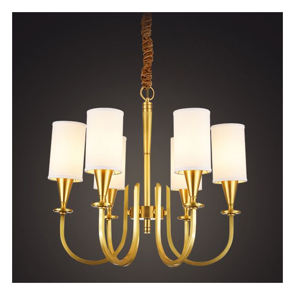 Brass American Traditional Style Chandelier Cylindrical Fabric Shade Dining Room Lighting Fixture with 19.6" Adjustable Suspension Chain