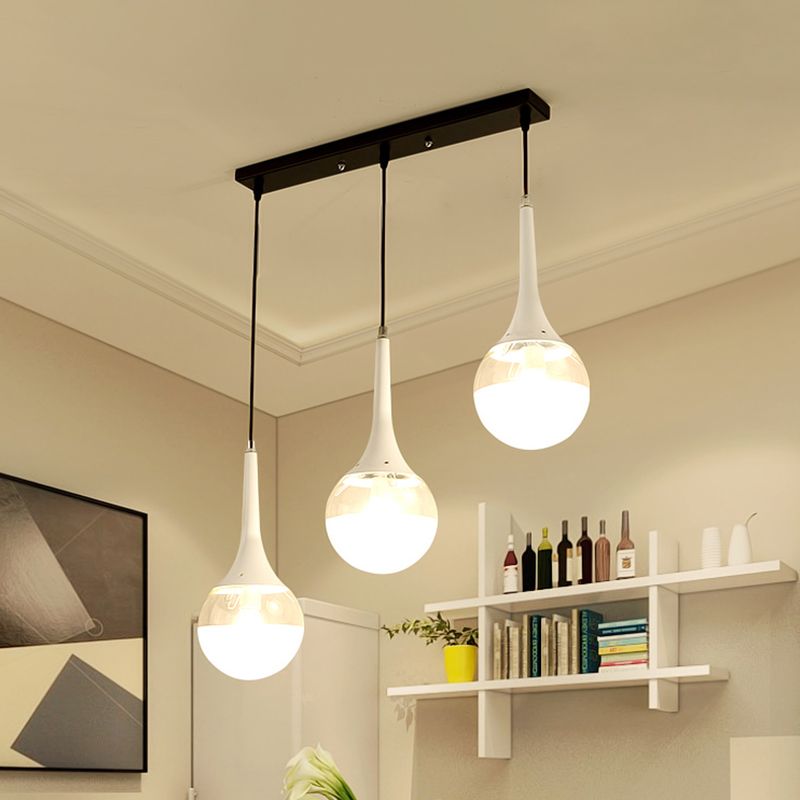 Goutte d'eau blanc / noir multiples pendants en verre transparent à 3 bulbs et opale avec canopée linéaire