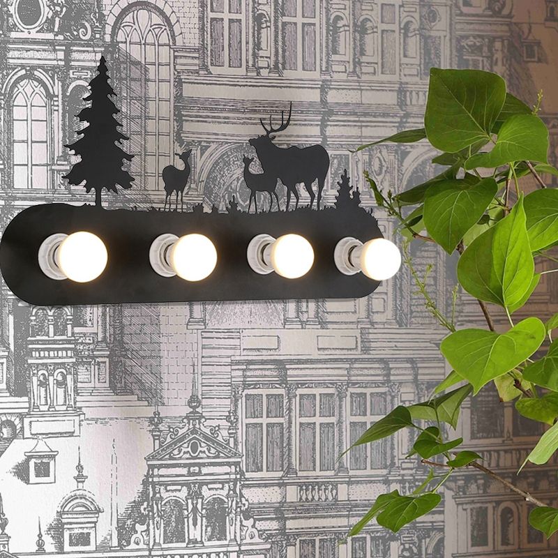 Lodge Open Bulb Wall Light with Elk/Horse/Sheep/Mountain/Windmill/Tree Design 4 Bulbs Metallic Wall Sconce in Black for Indoor