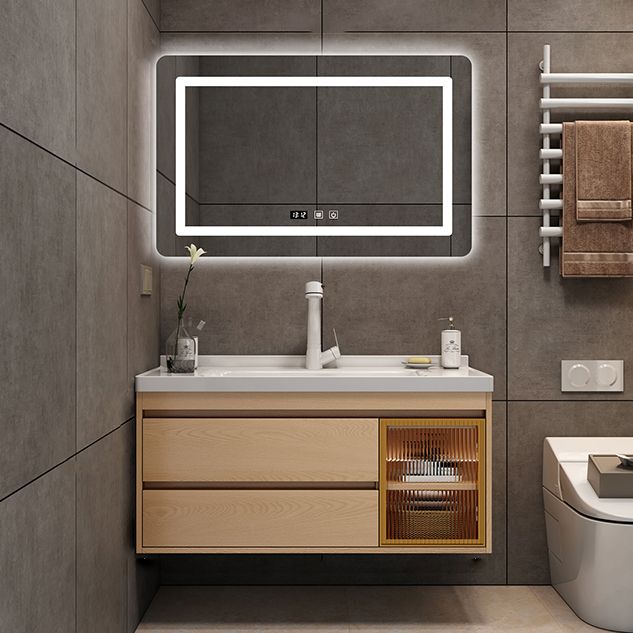 Wall Mount Vanity Mirror Single Sink Rectangle Door Wood Vanity with Drawers