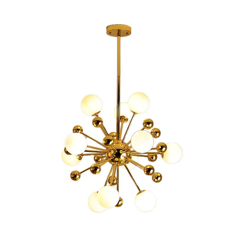Designer Starburst Metal Chandelier Multi Lights Gold Ceiling Pendant Lamp with White Glass Ball Shade, 23.5"/31.5"/39" Wide