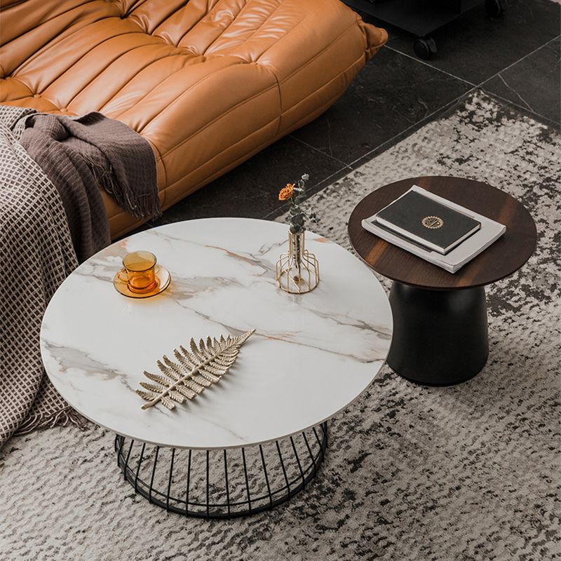 Minimalist Round Stone Top Coffee Table 2 Pieces Cocktail Table
