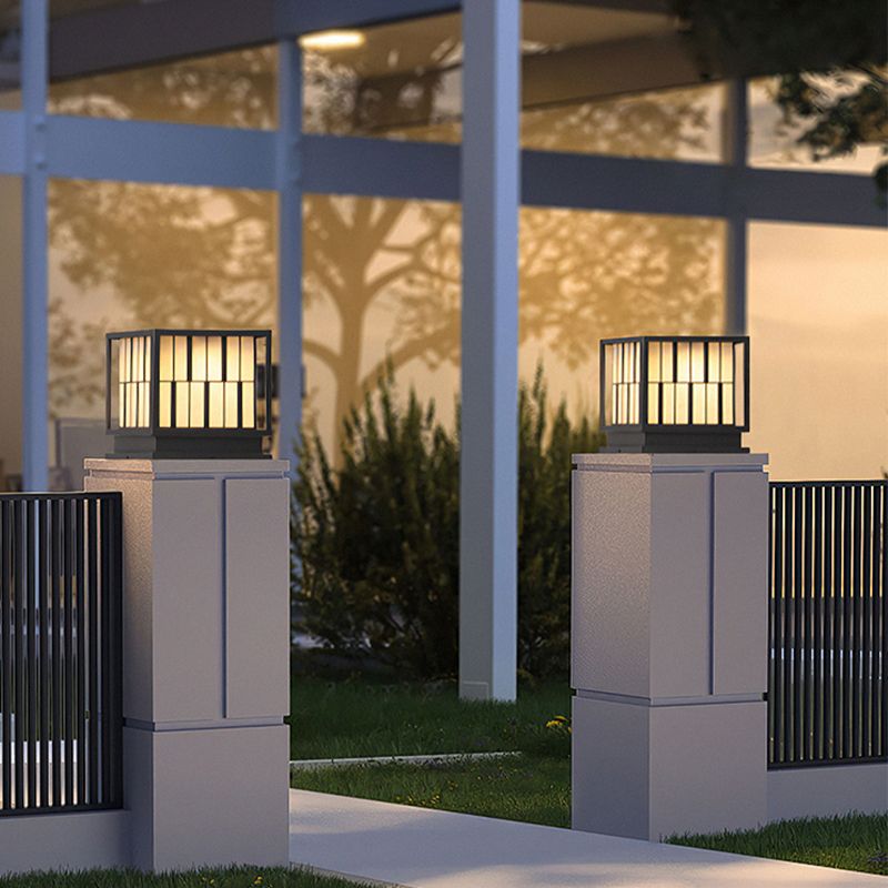 Metal Square Shape Solar Pillar Lamp Modern 1 Light Outdoor Lights in Black