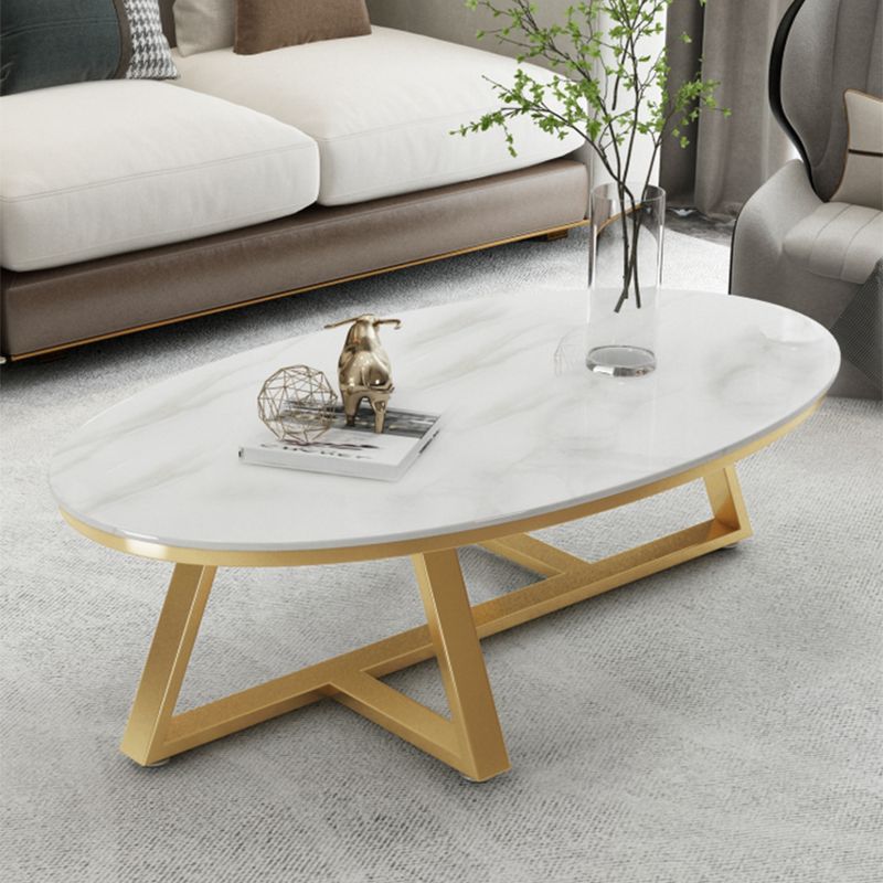 Glam Iron Cross Legs Cocktail Table Oval Slate Top Coffee Table